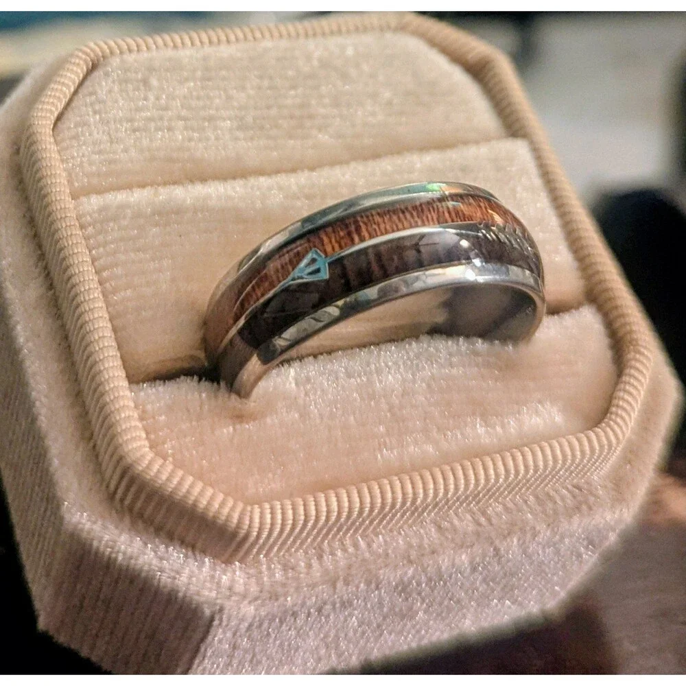 8MM Silver Polished 316L Stainless Steel Dual Koa Inlay Ring Size 10, 11, & 12